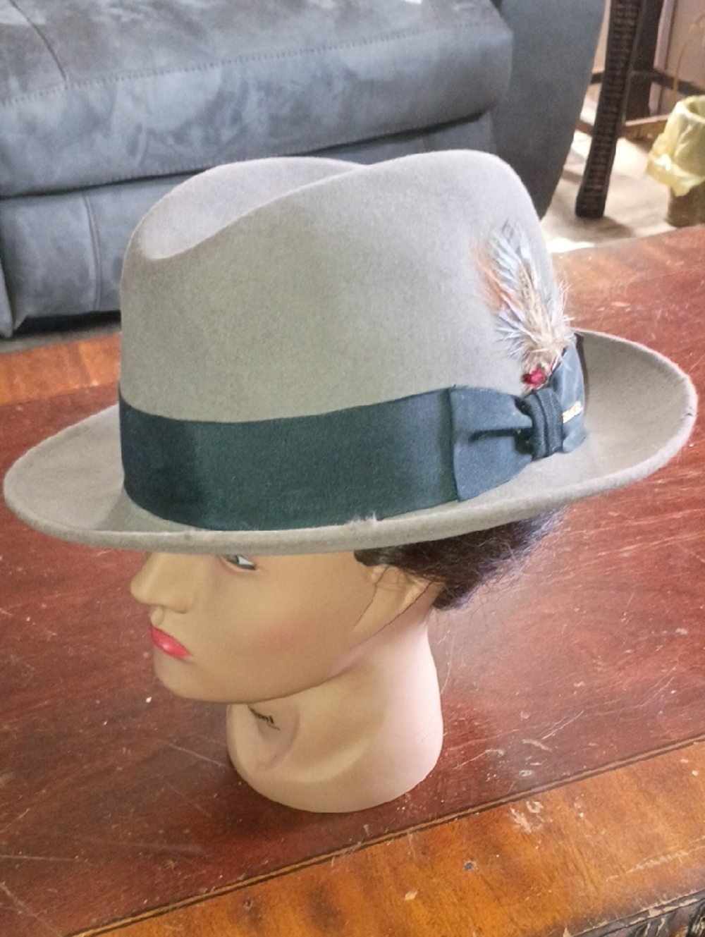 Stetson Taupe Felt Fedora with Black Trim and Feather Pin